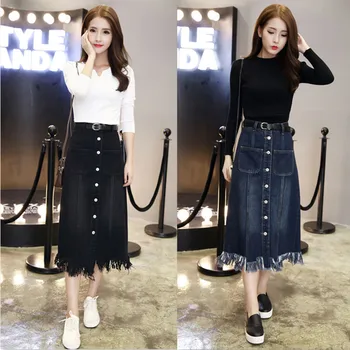 

plus size autumn skirts women 2016 summer spring korean vestido feminina tassel high waist blue black jeans skirts female A1751