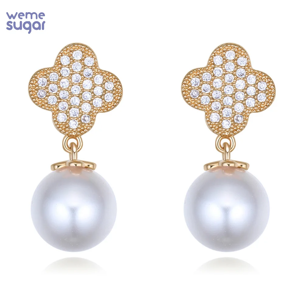 

WeMe S925 Silver Needle Non-allergenic Clover Pearl Pendants Earrings Female Zircon Earrings Jewelry Accessories