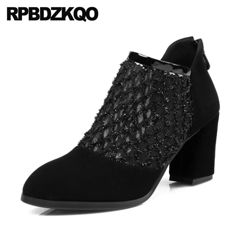 

Sheepskin Designer Shoes Women Luxury 2018 Mesh Pointed Toe Sexy Brand Boots Sandals High Heel Booties Rhinestone Chunky Ankle