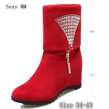 

Spring Autumn Winter Women Mid Calf Boots Wedges Height Increasing Woman Short Boots High Quality Plus Size 34-40,41,42,43 botas