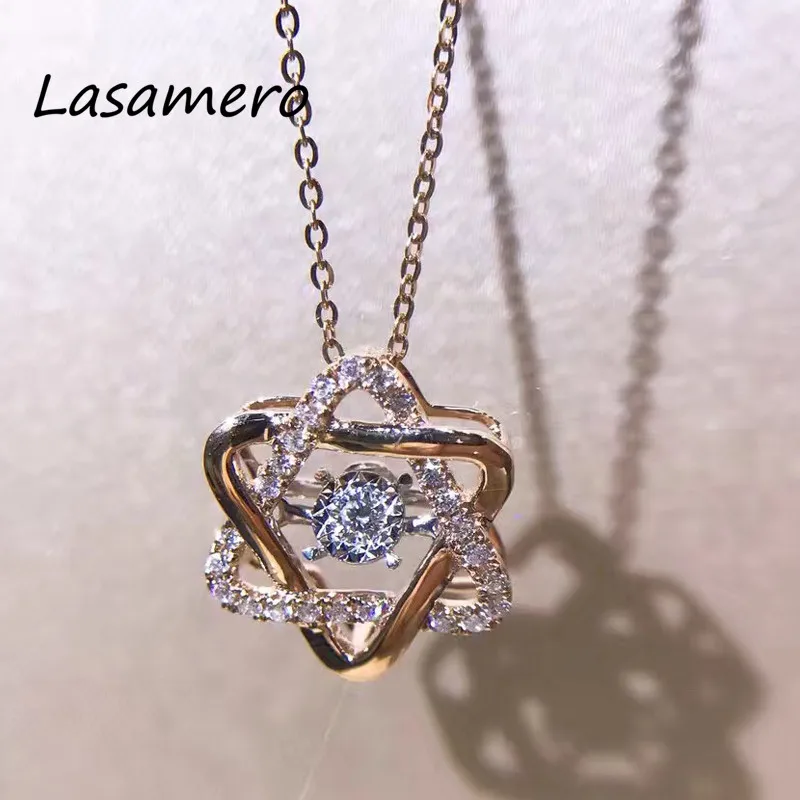 

LASAMERO Halo Hexagon Two Triangle Shape 0.174CTW Round Cut 18k Gold Natural Diamond Accents Dainty Pendant Necklace Chain