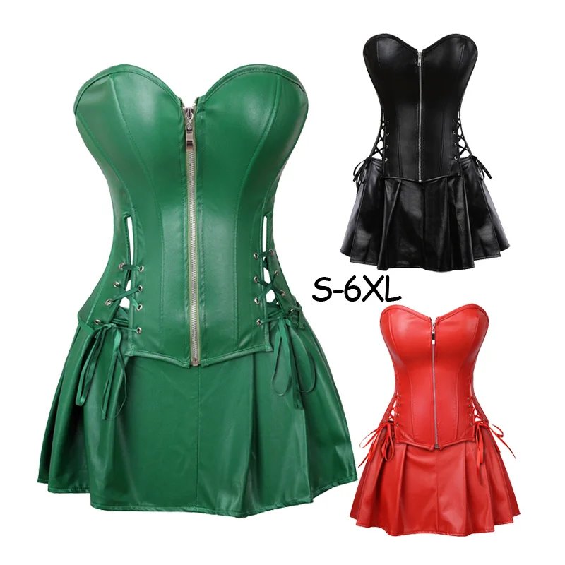 Plus Size S-6XL Black Zipper PU Leather Corset Bustier Dress set Overbust Sexy Lingerie Women Lace Up Corselet Tops Skirt Thong