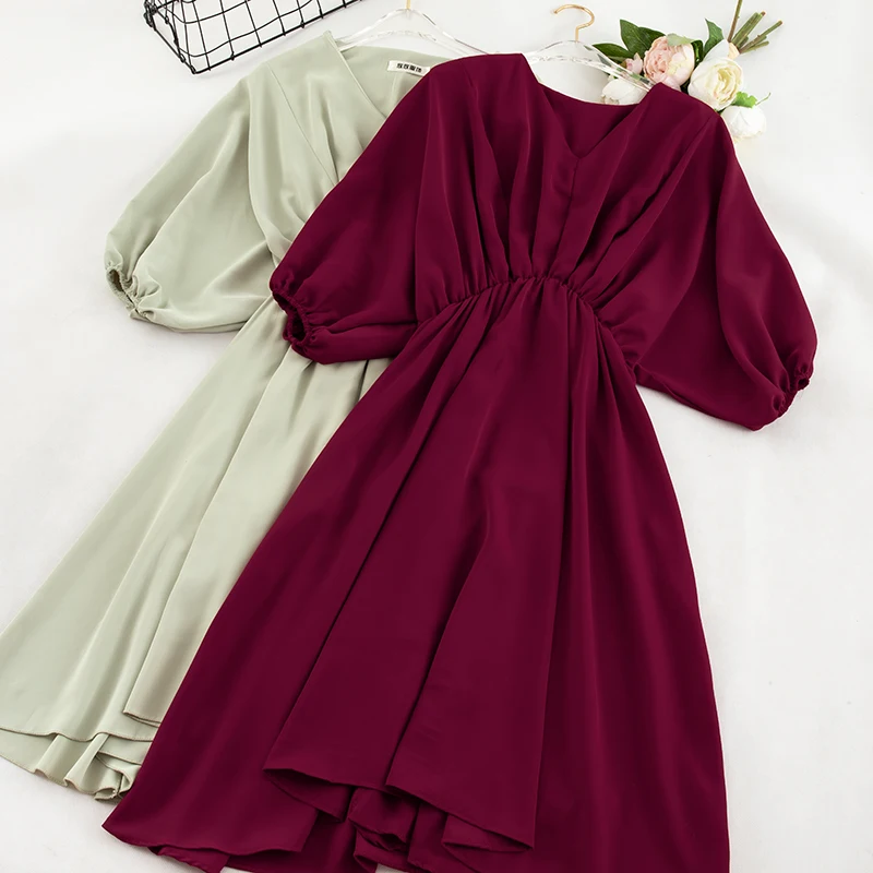 

Elegant Women Summer V-Neck Half Lantern Sleeve Pullover Chiffon Dress Casual Solid Elastic Slim High Waist Pleated A-line Dress