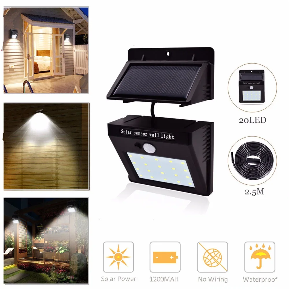 

Solar Lights Outdoor 20 LEDs PIR Motion Sensor Activated Separable Light for Garden Security Waterproof Wireless Wall Lamp