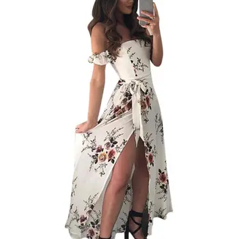 

New Sexy Ruffle Off Shoulder Summer Dresses Print Vintage Long Dress 2018 Women Backless Bandage Side slit Chic Dress Vestido W1