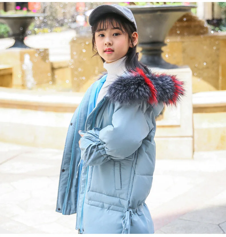 Детское пуховое пальто для русской зимы зимняя одежда Длинные парки с натуральным мехом енота для девочек верхняя одежда, пальто, толстый теплый Детский пуховик