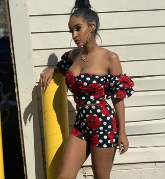 

2019 Summer Dot Print Flare Sleeve Strapless Off Shoulder Backless Short Tops Shorts Sexy Tow Piece Outfits