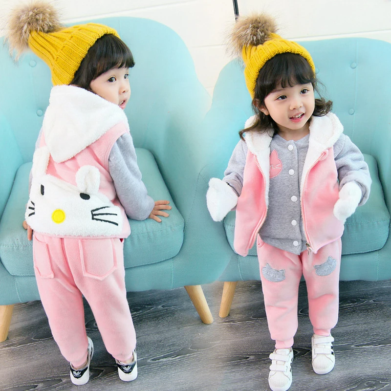 

3Pcs Children's Clothing Set Cute Cartoon Kids Girls Winter Clothes Velvet Cotton Outfit Hooded Vest+Shirt+Pants Warm Coat JF285