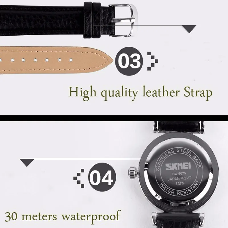 SKMEI Top Brand Women Fashion Luxury Dress Watches 30M Water Resistant Leather Strap Quartz Watch Ladies Wristwatches Hours 9075 SKMEI Top Brand Women Fashion Luxury Dress Watches 30M Water Resistant Leather Strap Quartz Watch Ladies Wristwatches Hours 9075