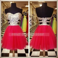Shinning Short Red Prom Dresses 2016 Perlen Open Back Tüll Mädchen Ballkleid Ballkleider Schatz Party Cocktailkleid RM32