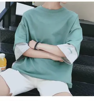 

Retro Men Fake Two Pieces Oversize T-shirt Summer Tee Tops Vintage Loose 3/4 Sleeve Fashion Boys T-Shirts S98
