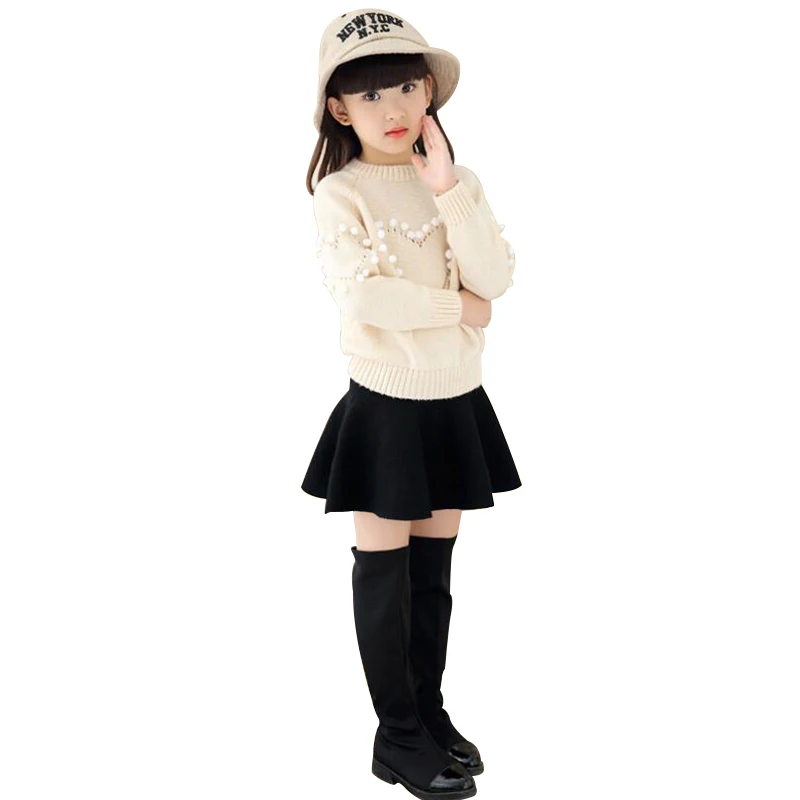 

Girls Clothes Solid Color Cotton Sweater Skirt Suit Hairball Disfraz Infantil O-neck Pullover Two-piece Clothing Sets