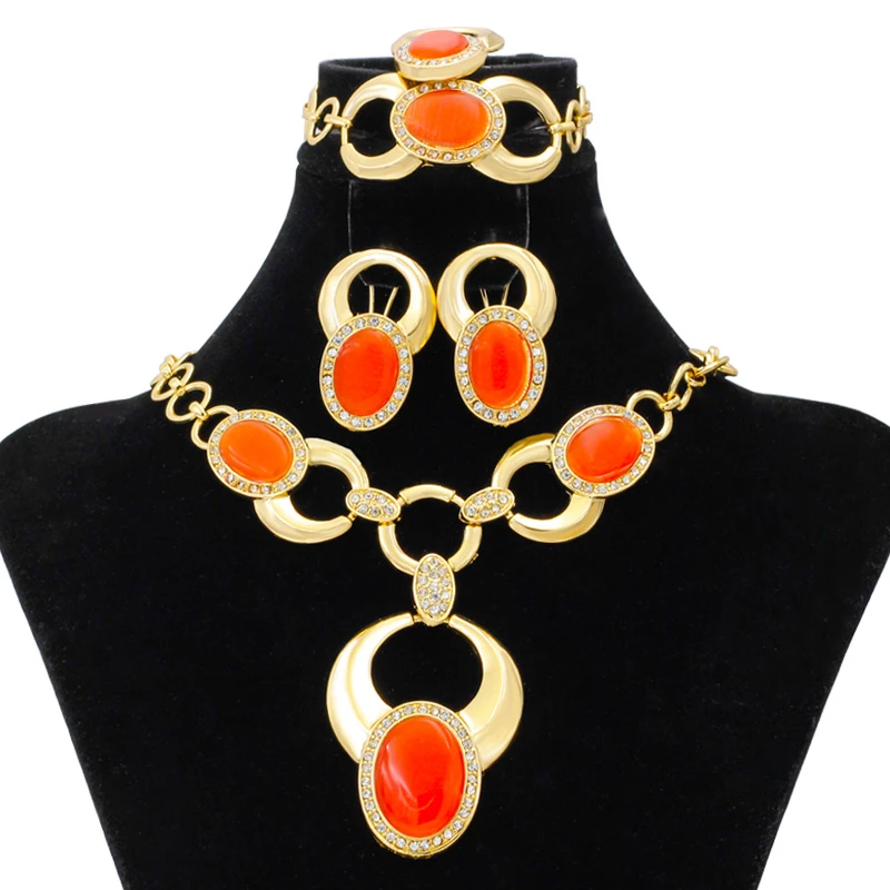 

European Luxury Fashion Bridal Necklace 24 Gold Jewelry Sets AAA Crystal Bracelet Earrings Charm Women Anniversary Party Gift