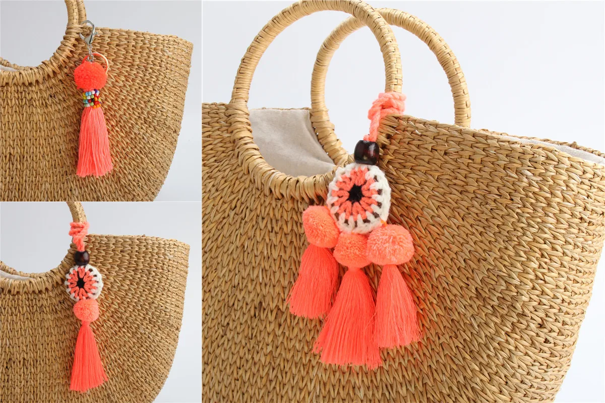 

1pc Orange Pompons Keychains Women Handbag Charms Pom Pom Keyring With Tassel Bohemian