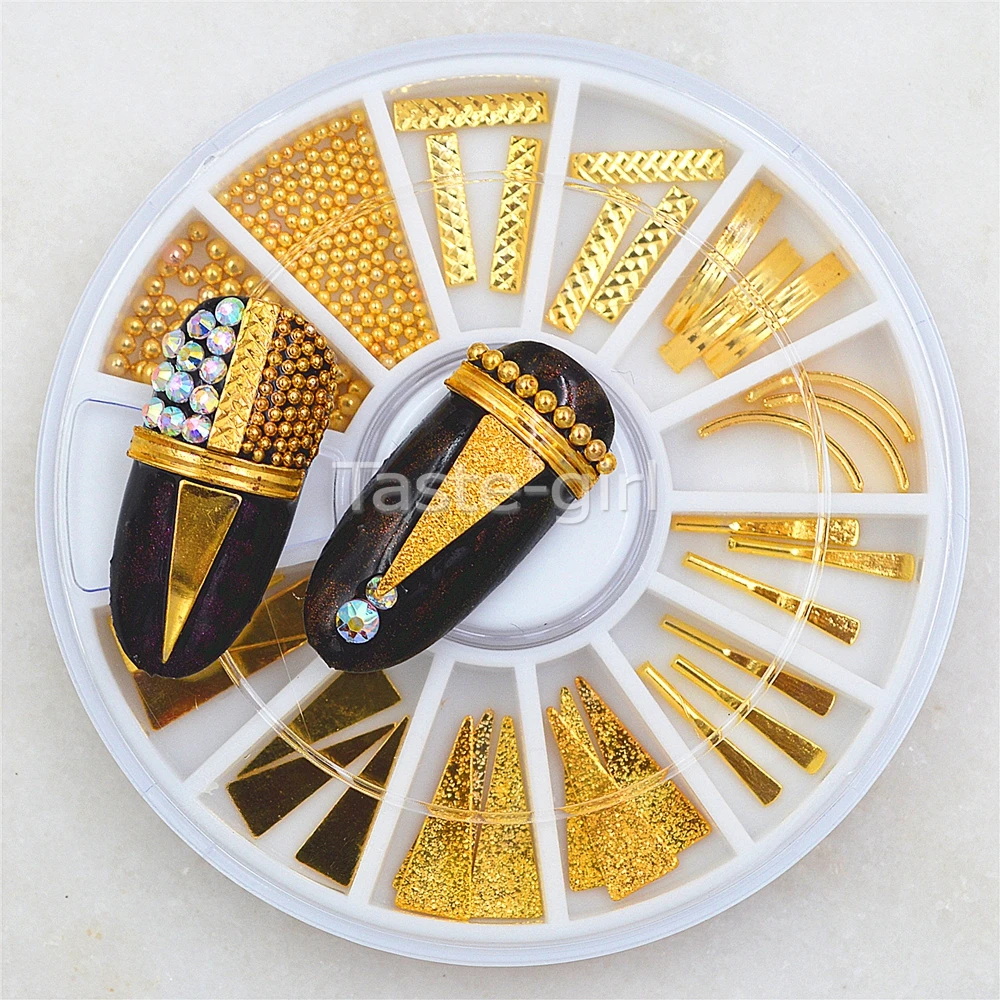 Смешанные стили золотые металлические украшения для ногтей блестящие бусины слитки Заклепки Шпильки 3D маникюрные аксессуары в колесиках для DIY
