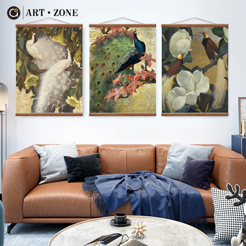 

ART ZONE Europe Retro Peacock Art Scroll Painting Animal Wall Print Oil Canvas Painting Study Room Home Decorative Frame Poster