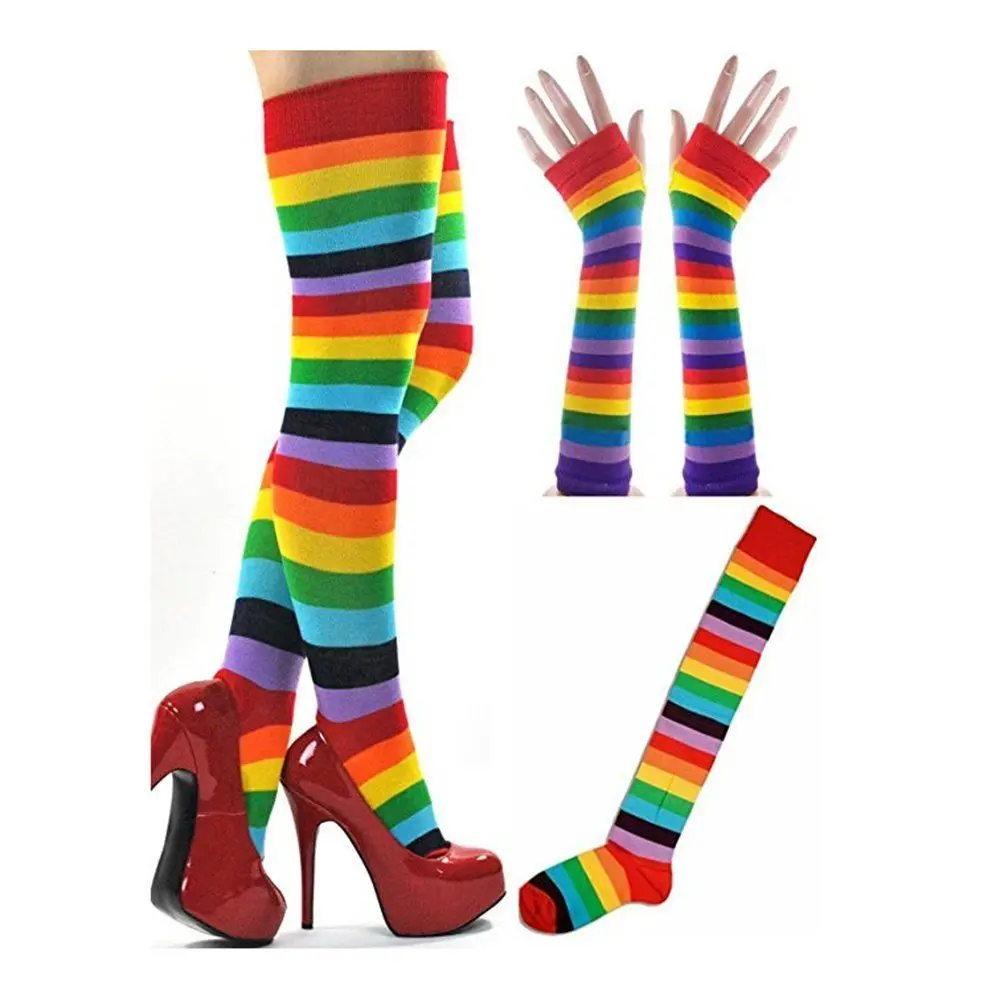 Womens Girls Cosplay Cute Rainbow Stripes Gloves Long Socks Stockings Hosiery Halloween Carnival