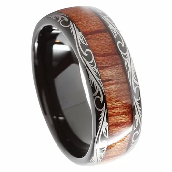 

8mm Black Tungsten carbide Ring Koa Wood Inlay Dome Matching Wedding Bands Men's jewelry