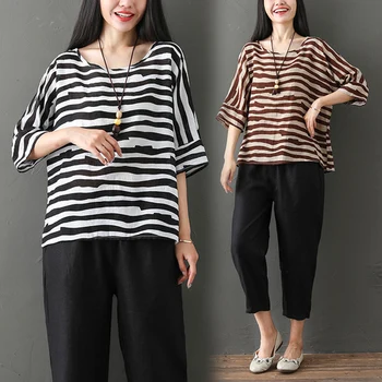 

Casual Regular Two Piece Set Top And Pants Loose Literary Ensemble Femme Survetement Striped Fashion Women's Summer Suit