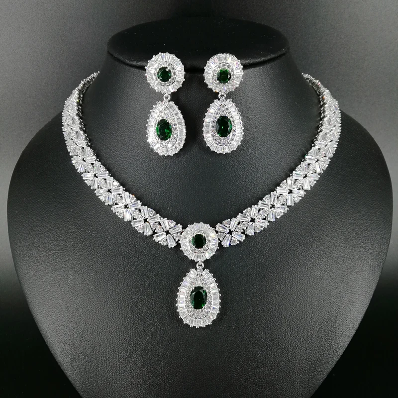 

NEW FASHION Retro palace water drop green zircon necklace earring wedding bride banquet dress formal jewelry set free shipping