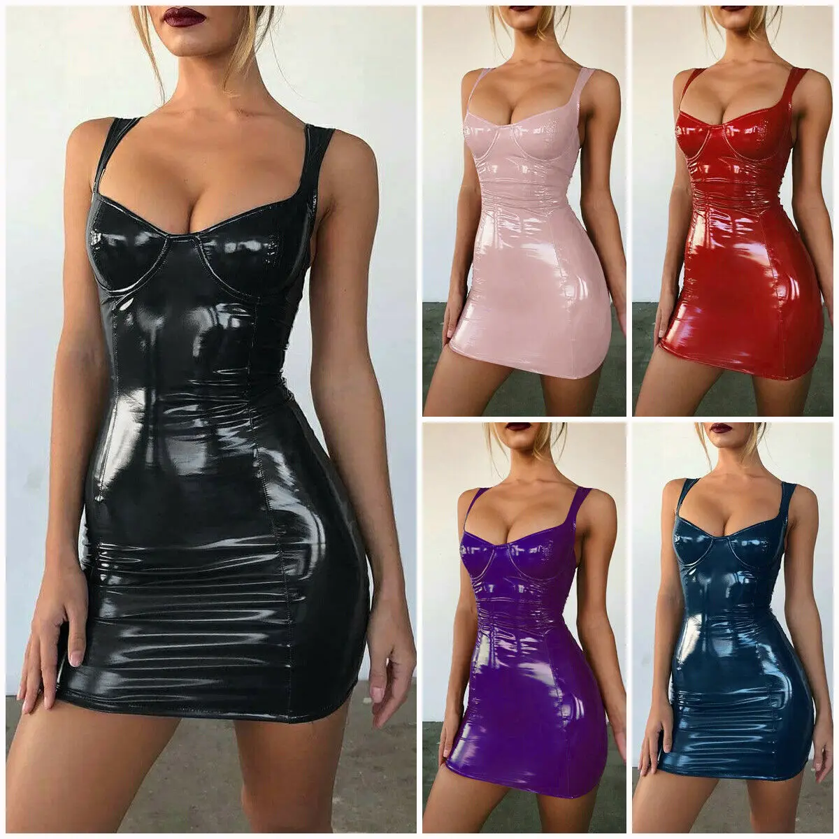 

Sexy Womens Wet Look Pu Leather Strappy V Neck High Waist Evening Party Mini Dress
