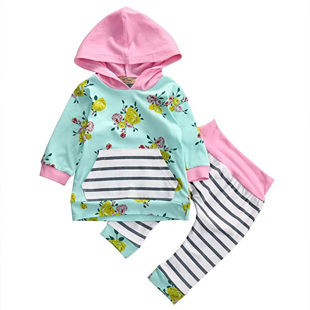 

Newborn Infant Baby Girl Floral Striped Hoodie Tops+Pants Outfits Clothes Set girls clothes dress 0304