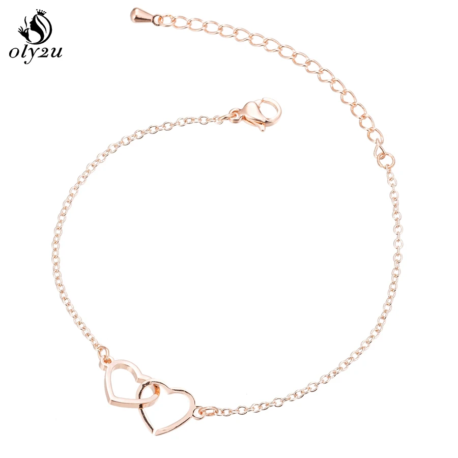 Oly2u розовое золото Браслеты для Для женщин Нержавеющая сталь Двойное Сердце Регулируемый Ссылка Шарм Браслеты женский день Святого Валентина подарки