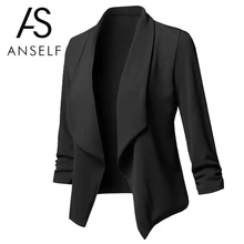 Блейзеры для женщин, офисная рабочая одежда, элегантный женский деловой костюм, кардиган с длинными рукавами, пальто, открытый спереди, с рюшами, асимметричный повседневный топ