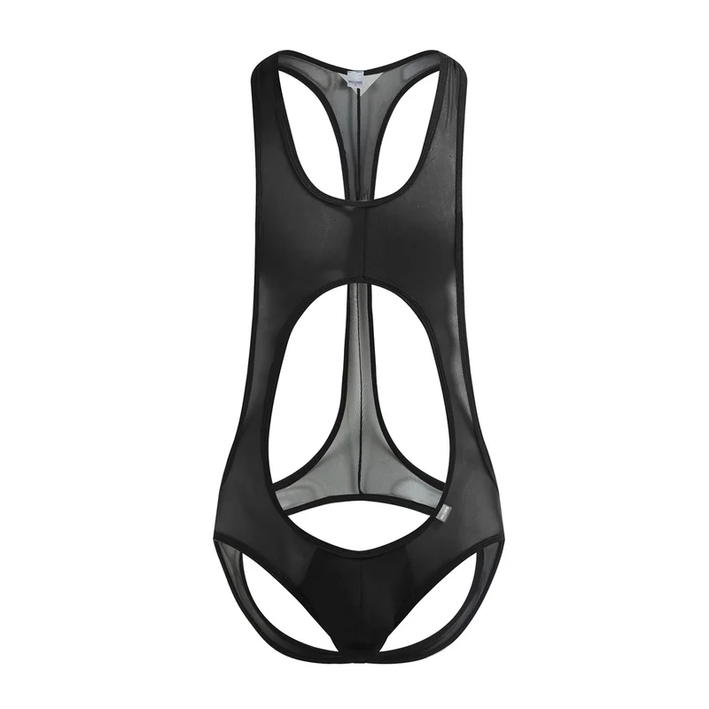 Sexy Jumpsuit Men's Transparent Underwear Wrestling Singlet Bodysuits Male Exposed Hip Hanging Neck Jumpsuits Man Undershirt