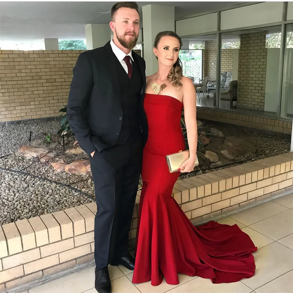 

2019 High Quality Simple Elastic Satin Prom Party Dress Burgundy Mermaid Evening Dress Strapless Sleeveless Long Prom Gowns