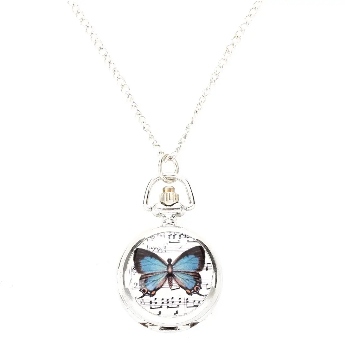 

Practical Blue Butterfly Print Hunter Round Case Necklace Pocket Watch for Ladies