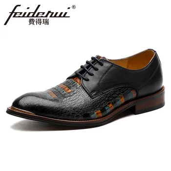

Luxury Genuine Leather Men's Derby Oxfords Formal Dress Pointed Toe Lace Man Flats Alligator Pattern Wedding Suit Shoes ASD127