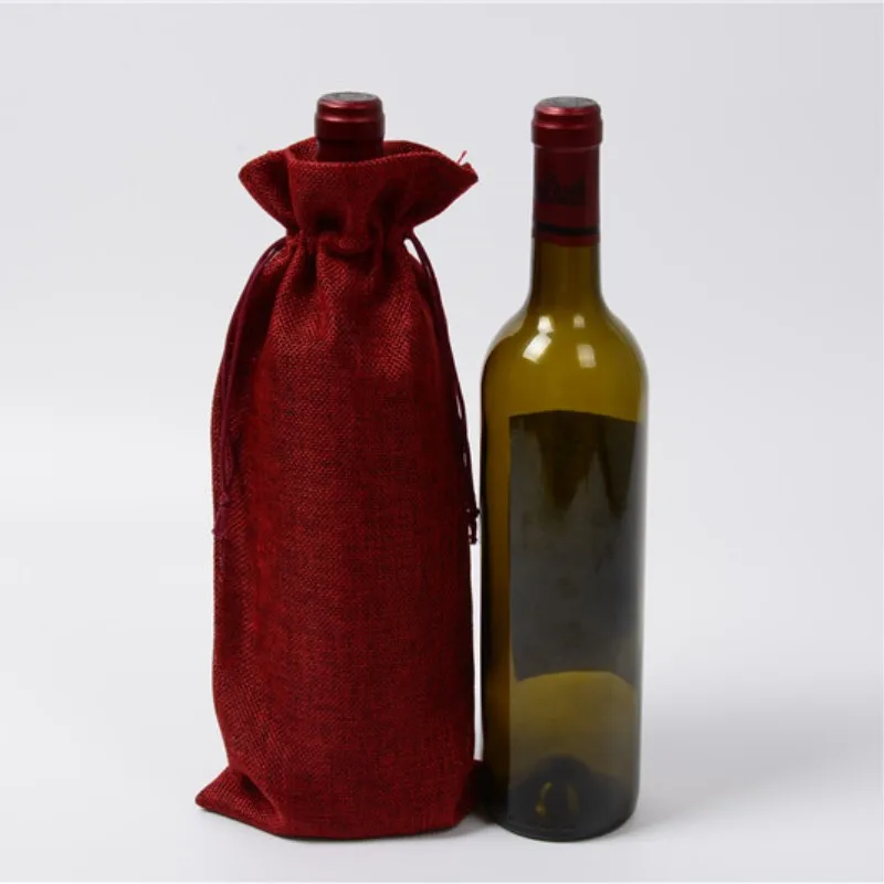 10 шт. 15 см x 35 см джут бутылки вина холщевый мешок Гессе Подарочные пакеты Упаковка Drawstring сумка бутылки вина охватывает