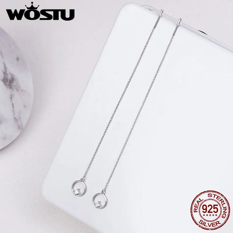 WOSTU, дизайн, 925 пробы, серебро, Круглый Круг, с прозрачным квадратным цирконием, длинные висячие серьги для женщин, ювелирные изделия CQE080