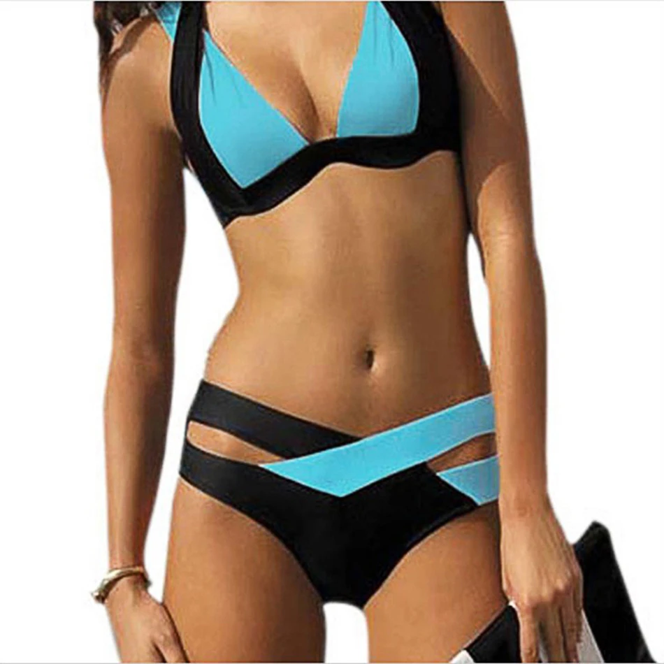 2018 New Bikinis Women Swimsuit Summer tops Beach Wear Bikini Set Push Up Swimwear Bandage Bathing Suit Black And Purple XL blue