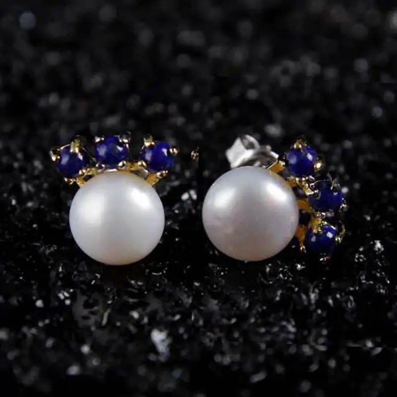 

Real Pure 925 Sterling Silver Earring Freshwater Pearl Gold Plated Natural Lapis Lazuli Stone For Women High Quality Jewelry