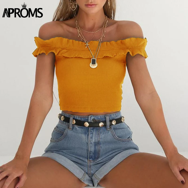 

Aproms Elegant Off Shoulder Ribbed Tank Tops Women Sexy Knitted Crop Top Streetwear Slim Short Camisole Candy Color Summer Tees