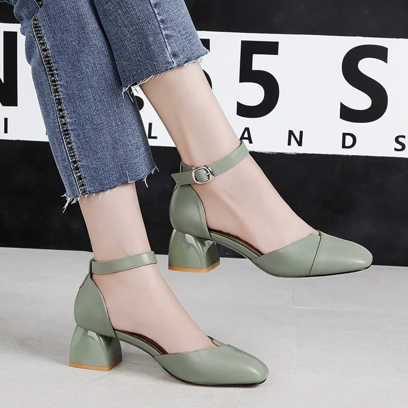 

2018 Summer Women 5cm Low High Heels Lady Sexy Sandals Female Elegant Scarpins Block Square Thick Heels Pumps Strap Green Shoes