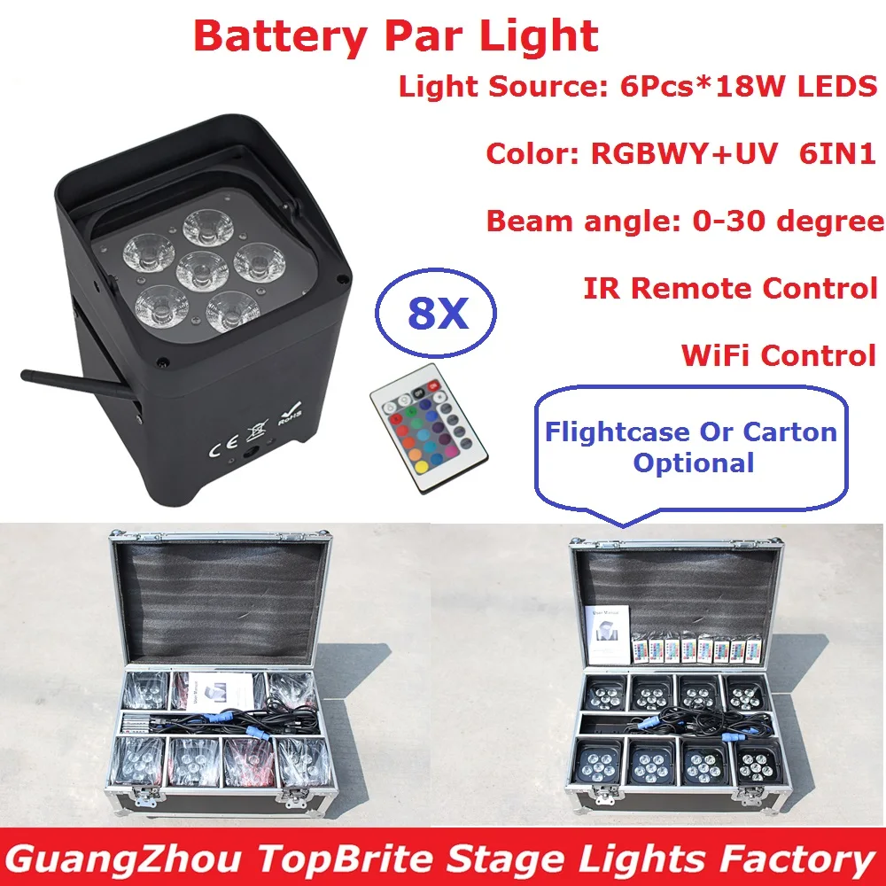 

8 Unit Dj Freedom Par 6X18W RGBWY+UV 6IN1 LED Uplight Battery Par Lights WIFI and IR Remote Control With Rechargeable Flightcase