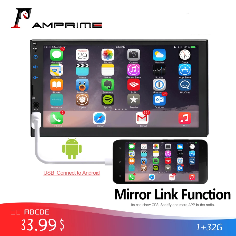 

AMPrime 2 din Car Radio 7'' Touch Screen MP5 Player Bluetooth USB AUX Autoradio Multimedia Player With Android Phone Mirror Link