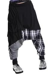 Хип-хоп сращивания решетки Для женщин тренировочные штаны двойная сумка шаровары мешковатые хлопок-черный