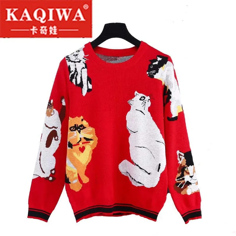 

2018 New Sweet 7 Cats Pattern Red Knit Pullover Chic Women Jumper Brand Designer Christmas Funny Tops Lady's Sweater