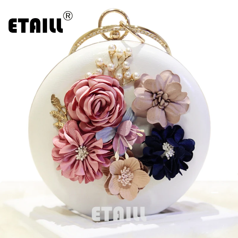 

ETAILL Flower Decoration Round Handbag Candy Color Soft PU Leather Circular Shoulder Bag Women Small Tote Girls Messenger Bag