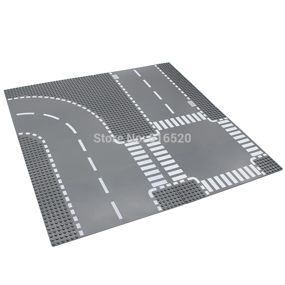 Road Plate Straight Crossroad Curve T-Junction Building Blocks Parts Bricks Base Plate Models City Street Baseplate Toys
