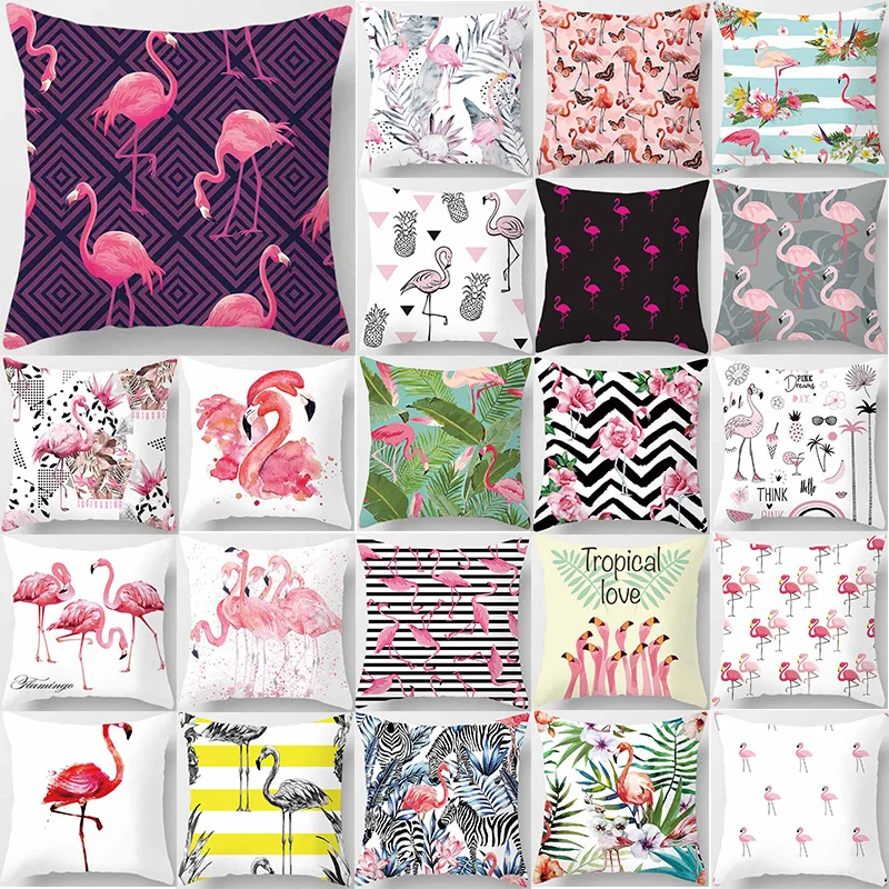 

Pillow case flamingos tropical plants double sides pattern square Pillow cover size pillow case 45*45