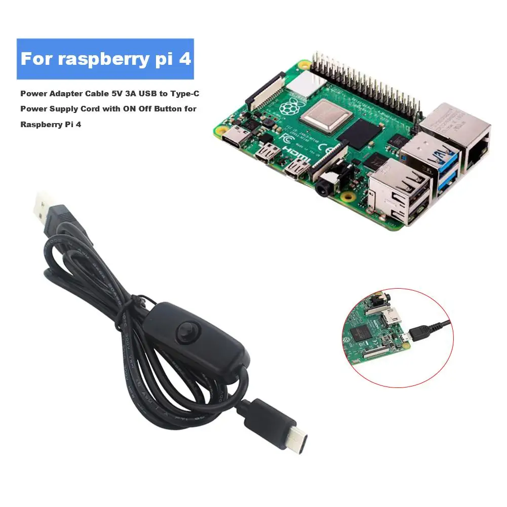 Кабель-адаптер питания для Raspberry Pi 4, 5 В, 3 А, USB-type-C, шнур питания с кнопкой вкл. Выкл., для мини ТВ, 2,5 дюйма, HDD, tv Box, MP4