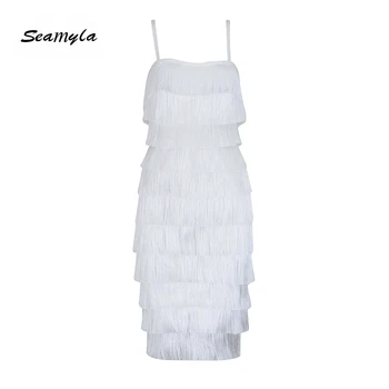 

Seamyla 2020 New Summer Fringe Bandage Dress Women White Spaghetti Strap Tassels Club Dress Vestido Club Celebrity Party Dresses