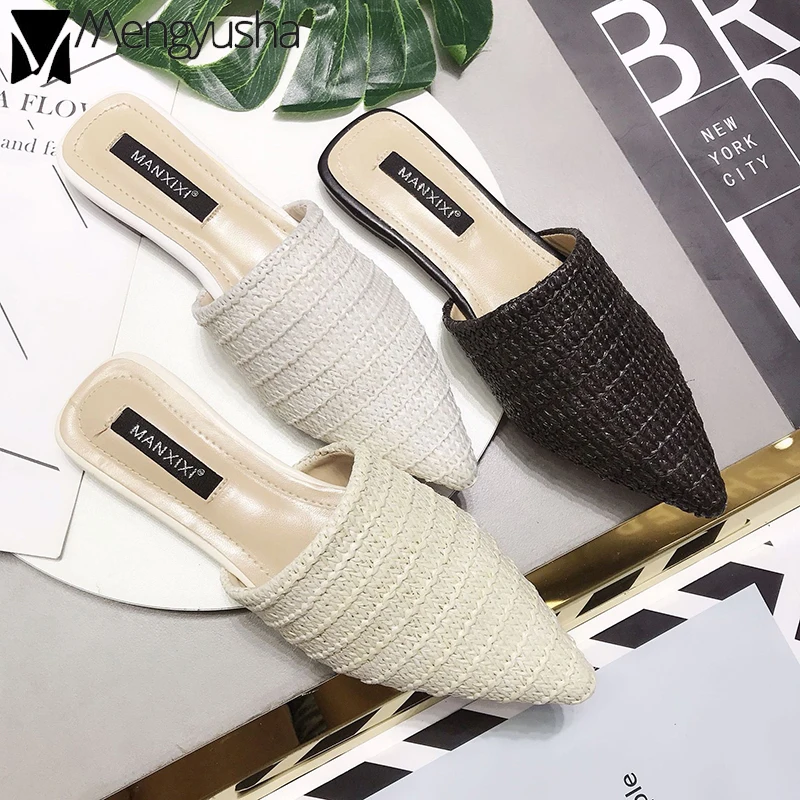 

Knitted Mules woman pointy flat slippers breathable closed toe sandals ladies shoes famous brand design pantuflas femme flipflop