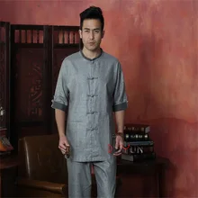 Пружинные игрушки, серая мужская льняная рубашка, китайский классический костюм кунг-фу с коротким рукавом, винтажный костюм Тан,, S до XXXL