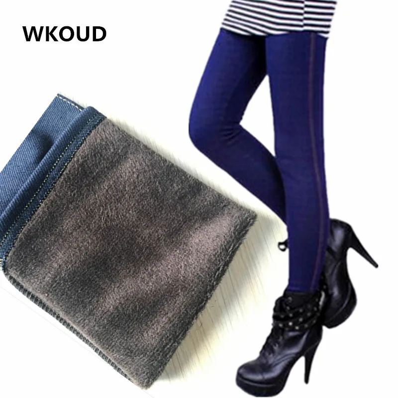 

WKOUD 2017 Winter Leggings For Women Warm Hot Fleeces Inside Leggings Solid Thickening Footless Pants Faux Denim Trousers DD8029